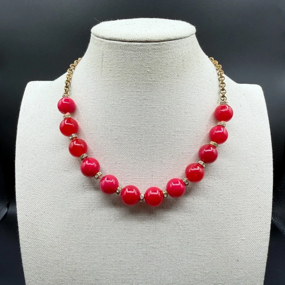 Red Bead Statement Necklace Gold Tone Chain Rhinestone Spacers Chunky Jewelry